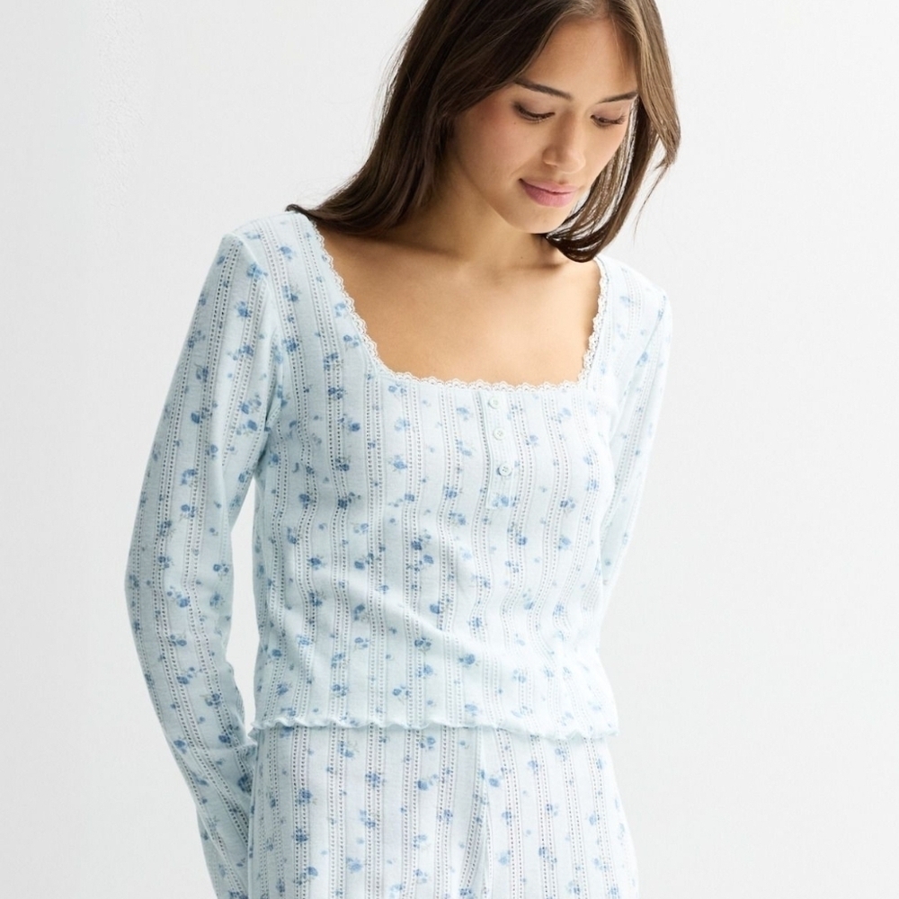 Pink Republic Juniors Pointelle Light Blue Bows Loungewear Set